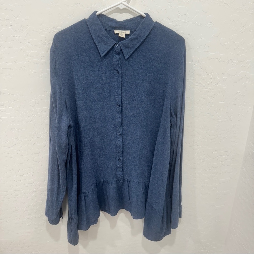 Westbound Top Womens XL Blue Button Front Peplum Ruffle Casual Capsule Lagenlook